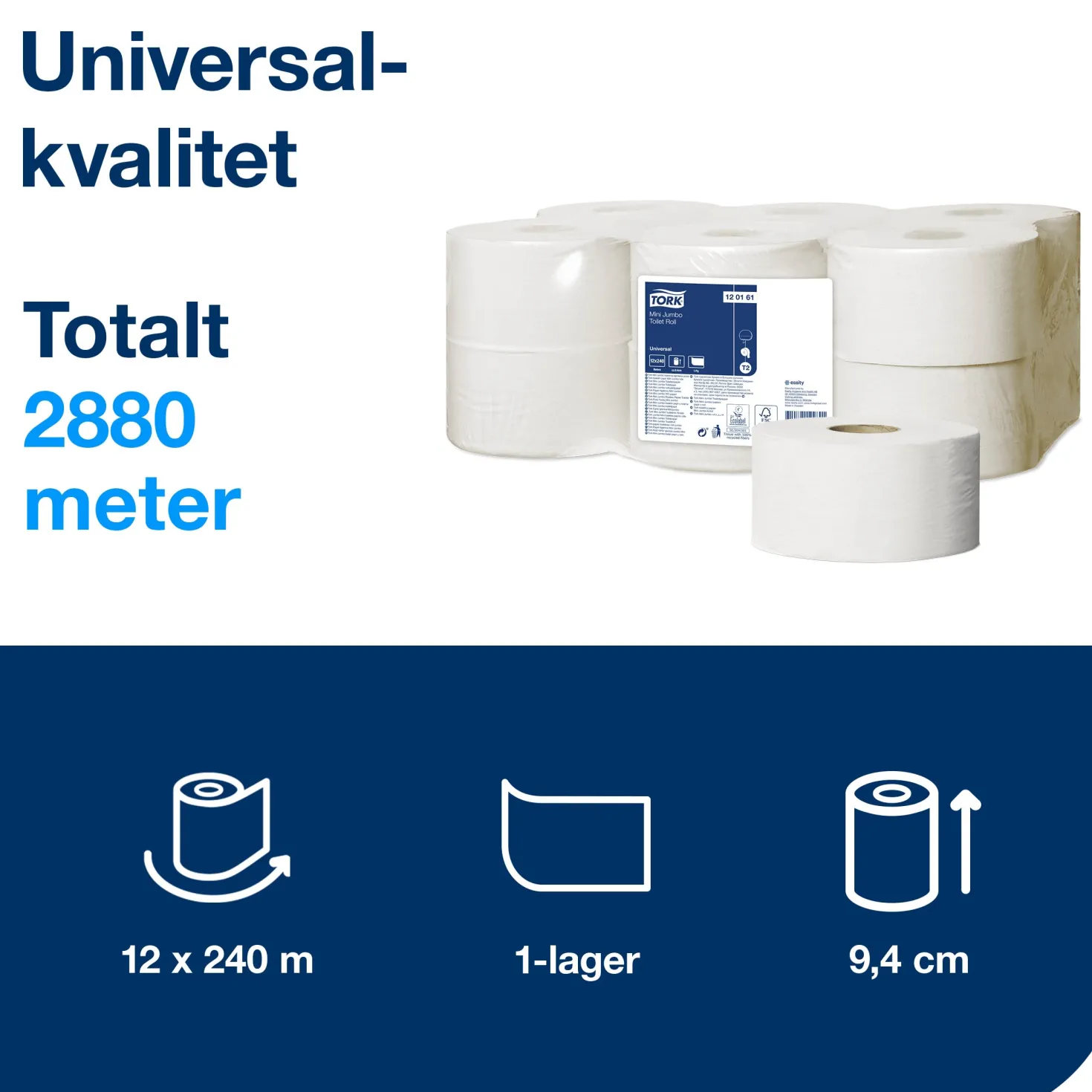 Toalettpapper Tork T2 Universal Mini Jumbo, 1-lag, 240m, 12 rl