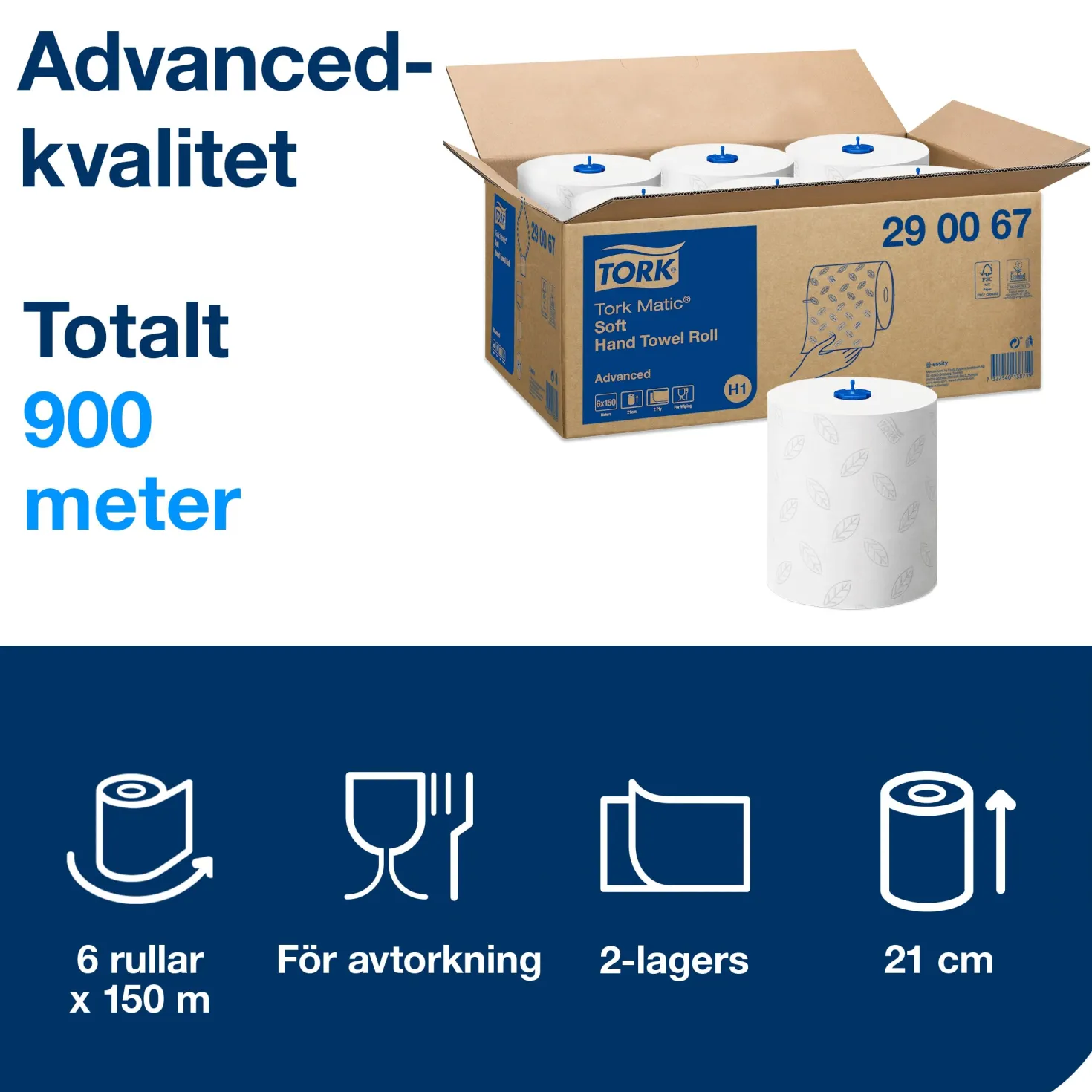 Torkpapper rulle Tork H1 Advanced Soft, 2-lags, 150m, 6 rl