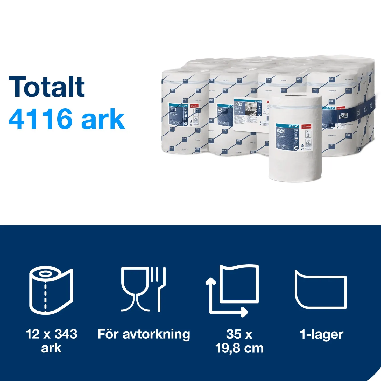 Torkpapper Tork Reflex Mini M3, centrummatat, vit, 12 rullar