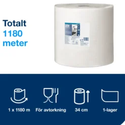 Torkpapper Tork W1 Vit, 1-lags, 34cm, 1180m