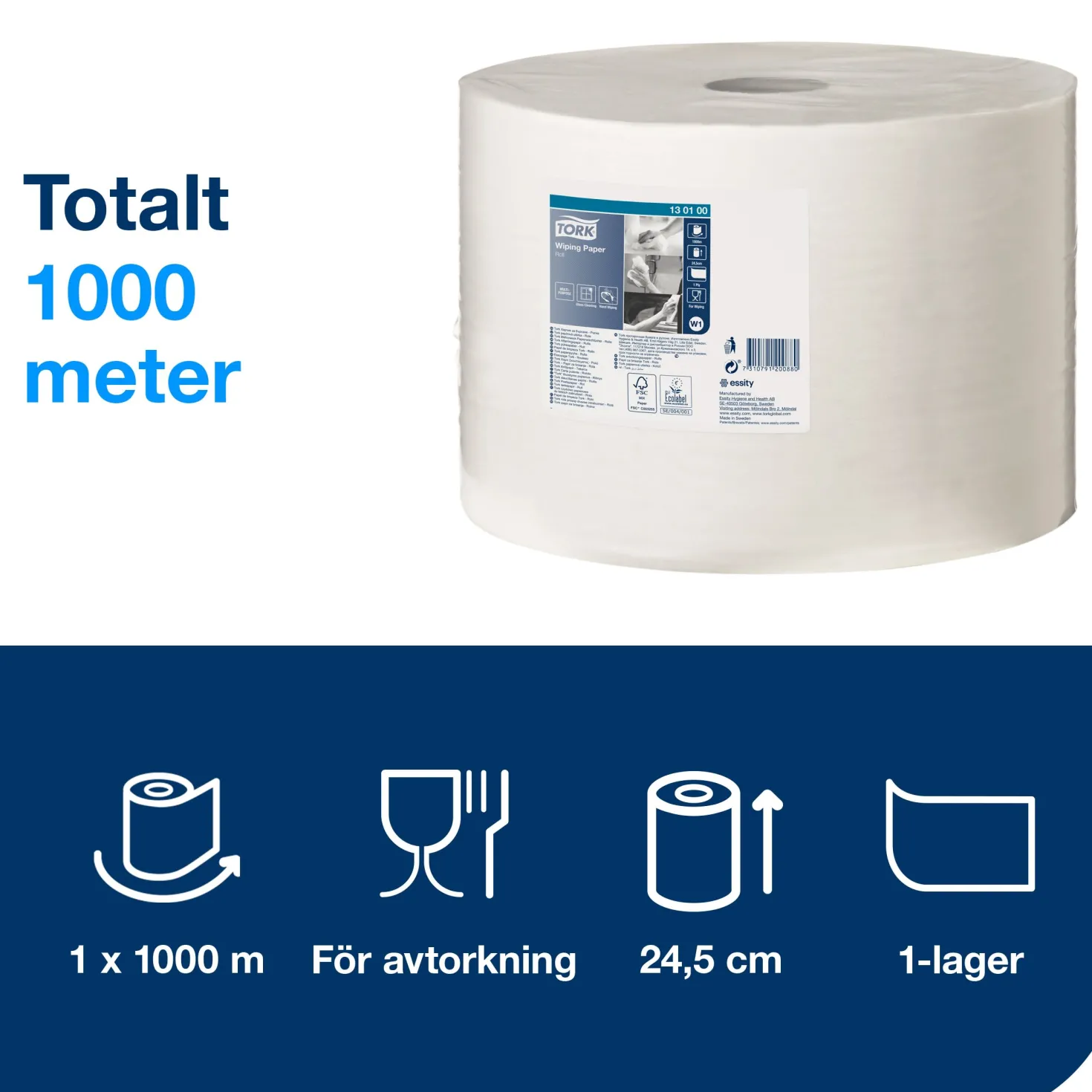 Torkpapper Tork W1, vit, 1-lags, 24,5 cm, 1000 m