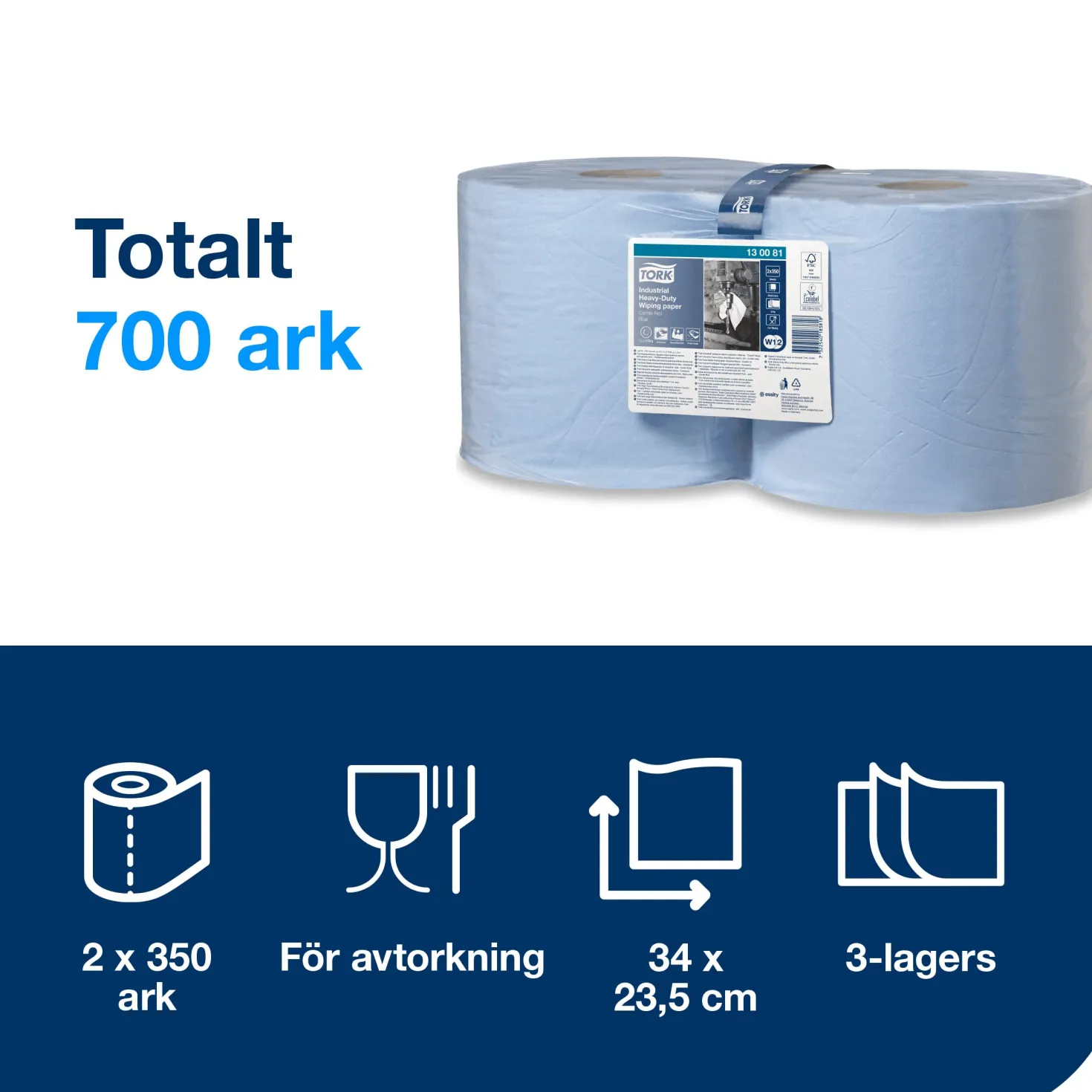 Torkpapper Tork W1/W2 Extra Kraftigt, blå, 119m, 2 rl/fp