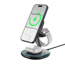Trådlöst laddningsställ Deltaco 3-i-1 magnetiskt, iPhone, svart