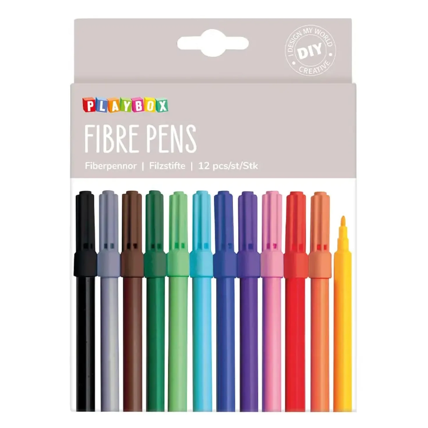 Tuschpenna Playbox Smal Fiberspets, 12 färger, ventilerad kork