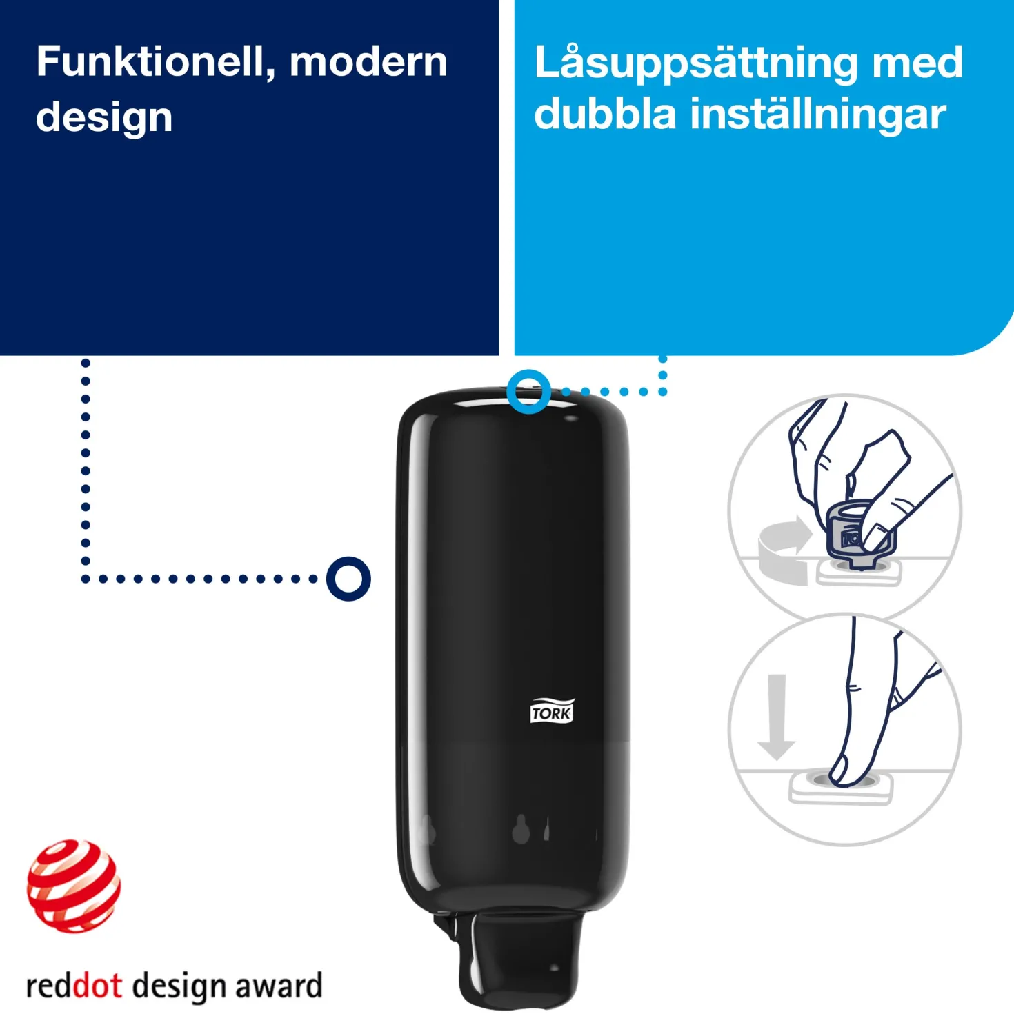 Tvåldispenser Tork S4 Svart, skumtvål och handdesinfektion, 2500 doser