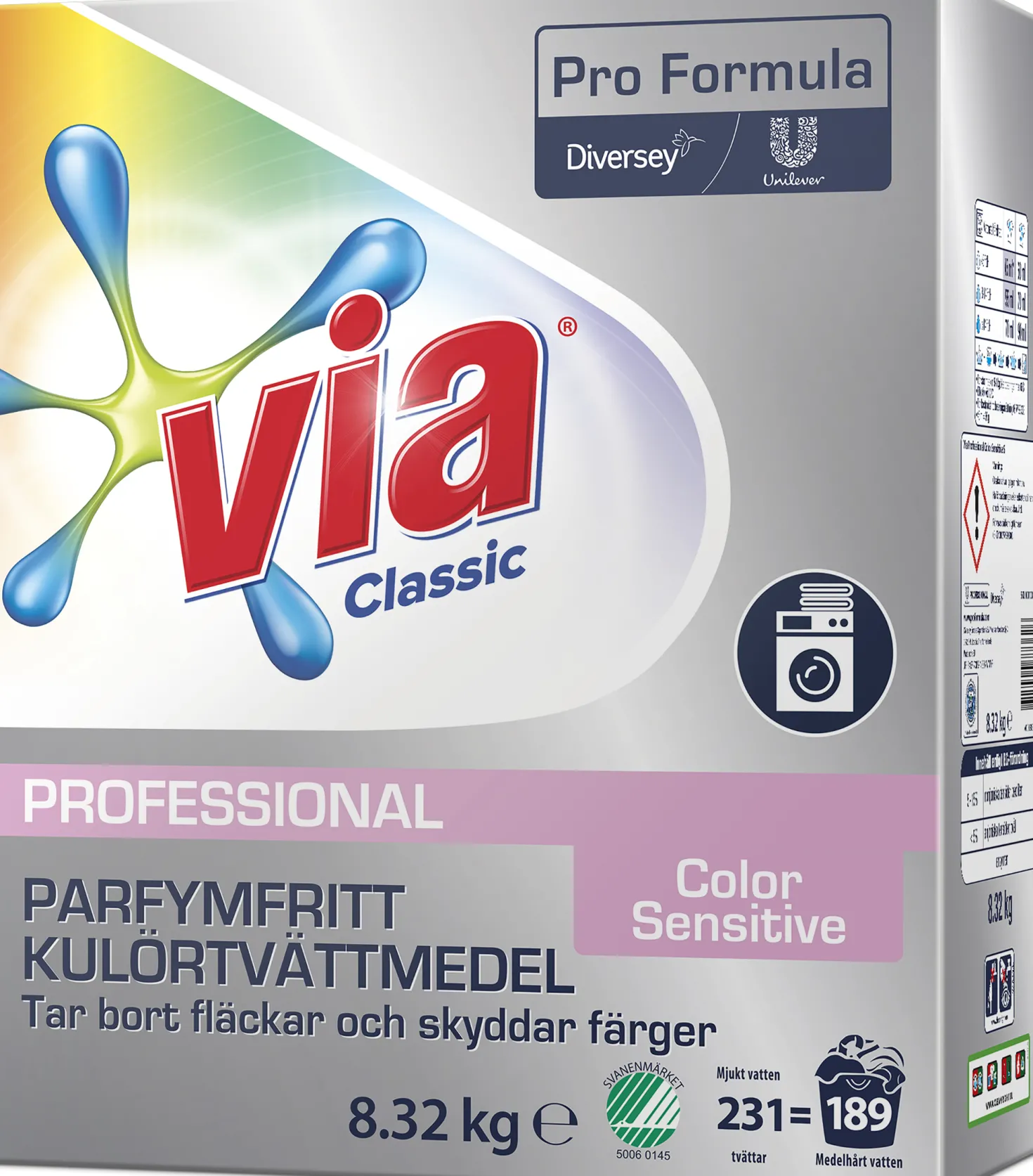 Tvättmedel Via Color Sensitive Parfymfritt, Svanenmärkt, 8,32 kg