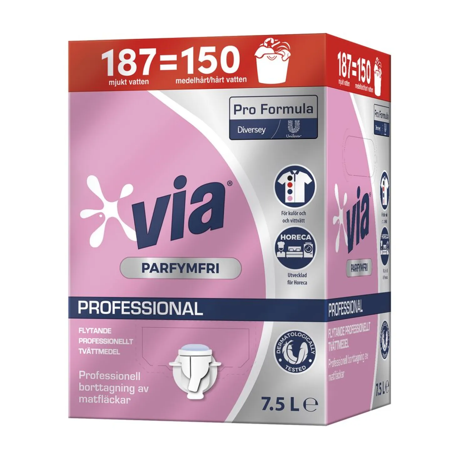 Tvättmedel VIA Professional Parfymfri, kulörtvätt, 7,5L Bag-in-Box