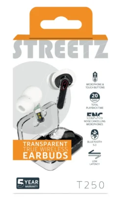 TWS-hörlurar Streetz T250 ENC, Bluetooth 5.2, transparent svart