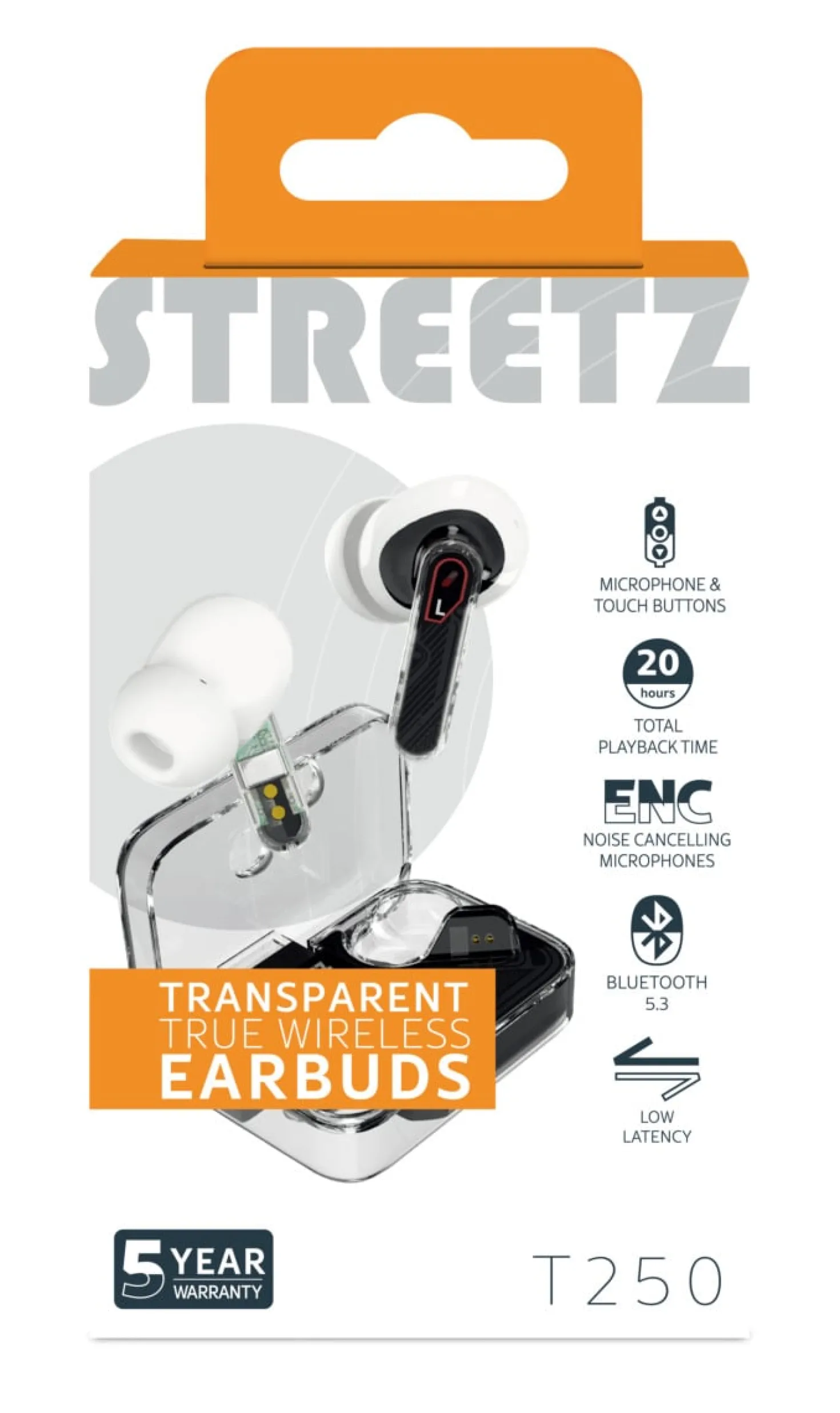TWS-hörlurar Streetz T250 ENC, Bluetooth 5.2, transparent svart