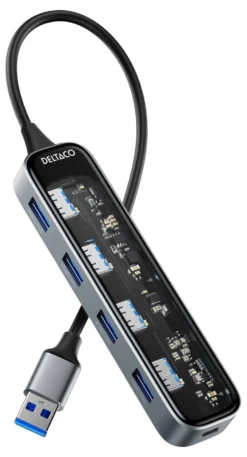 USB-A Hubb Deltaco Transparent, 4 portar, 5 Gbit/s