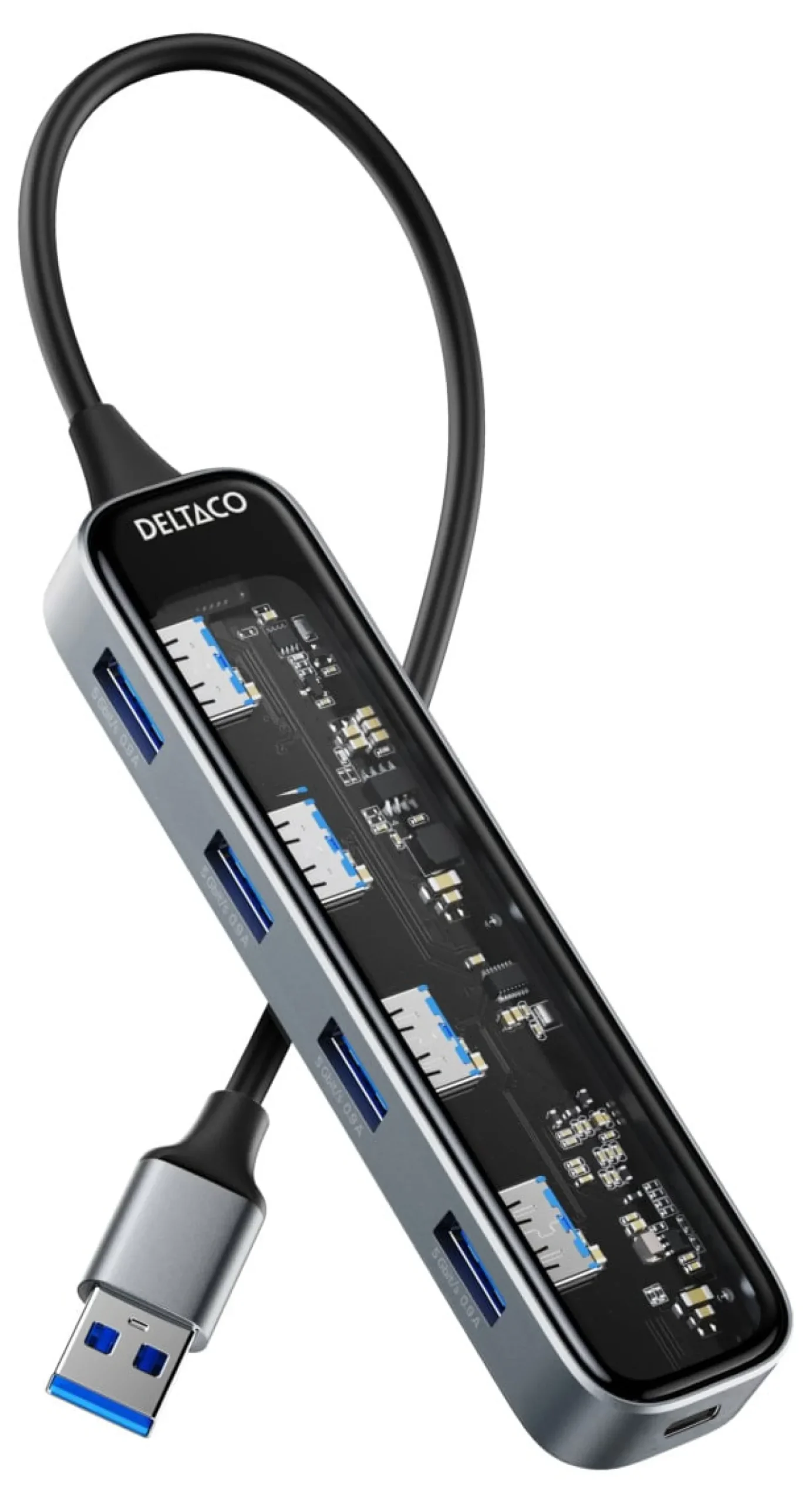 USB-A Hubb Deltaco Transparent, 4 portar, 5 Gbit/s