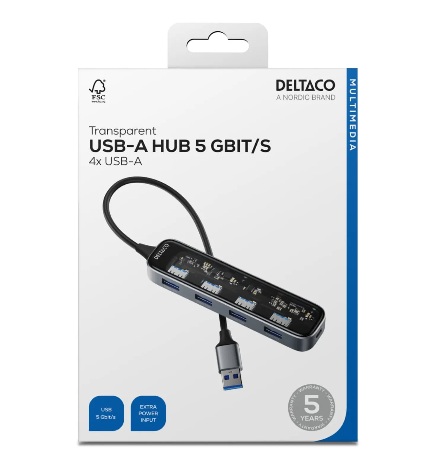 USB-A Hubb Deltaco Transparent, 4 portar, 5 Gbit/s