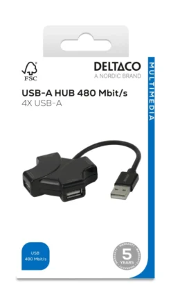 USB-A Hub Deltaco 4-portar, 480 Mbps, svart