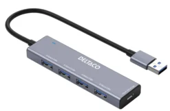 USB-A Hub Deltaco 4-port, 5 Gbps, aluminium, grå