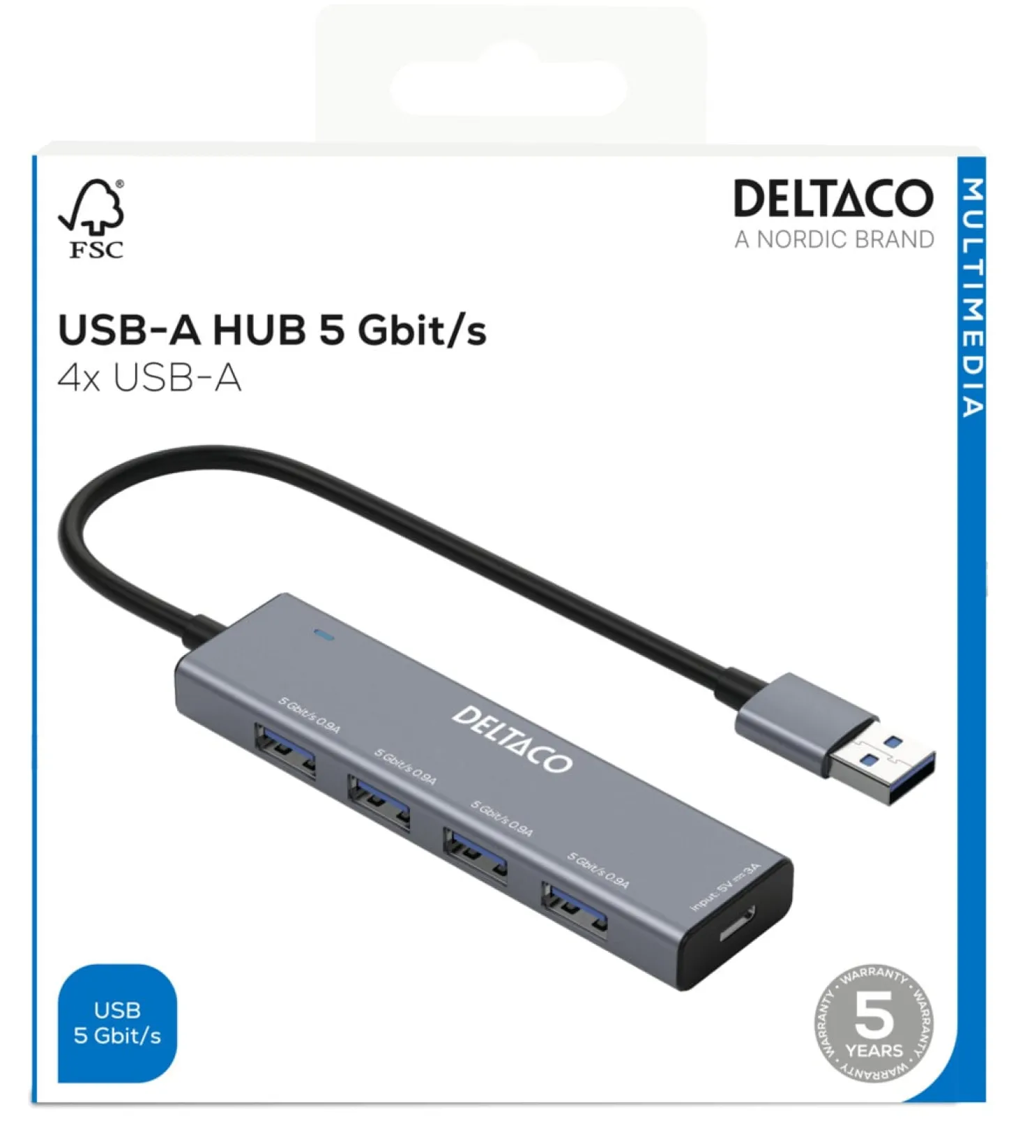USB-A Hub Deltaco 4-port, 5 Gbps, aluminium, grå