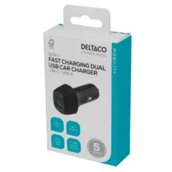 USB Billaddare Deltaco KAB-USBC-CAR120, USB-C PD 20W, USB-A 18W, 38W
