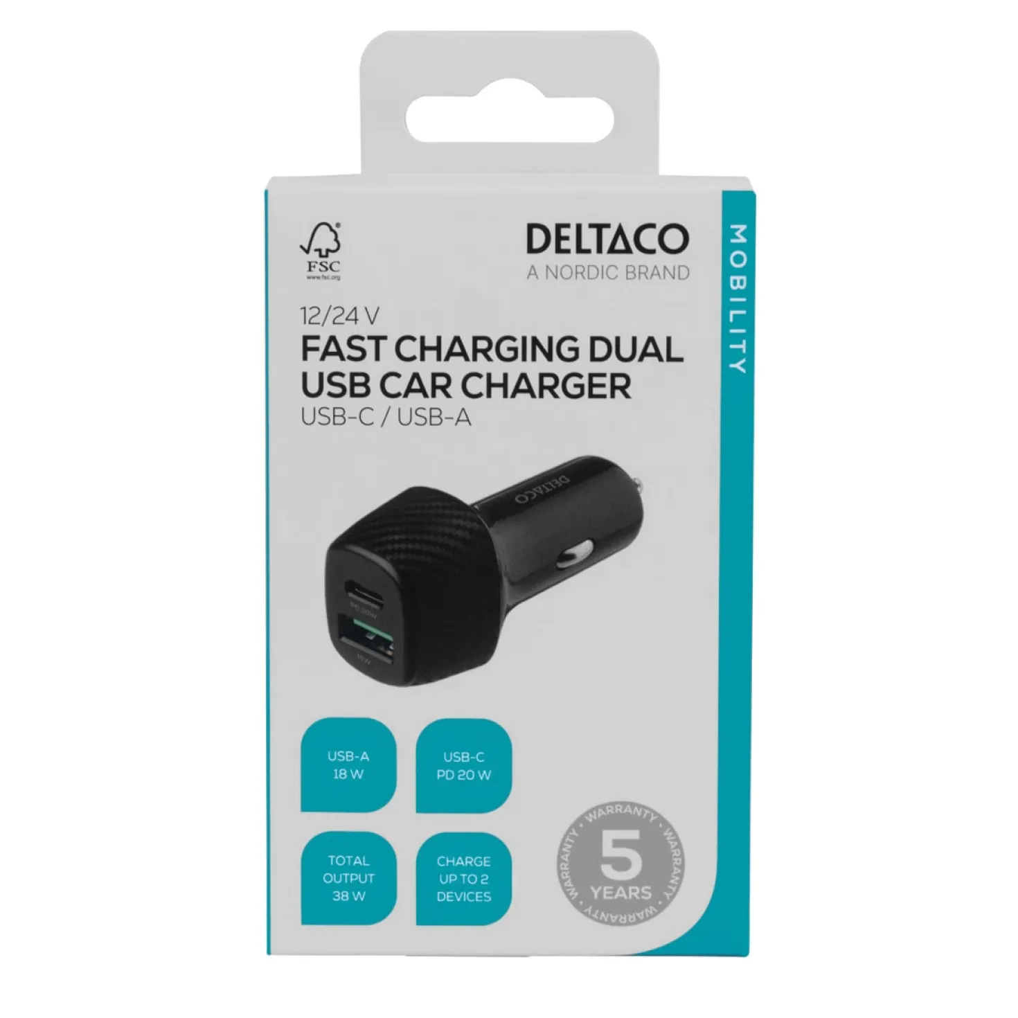 USB Billaddare Deltaco KAB-USBC-CAR120, USB-C PD 20W, USB-A 18W, 38W