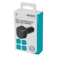 USB Billaddare Deltaco, USB-C PD 45W, USB-A 18W, 63W total
