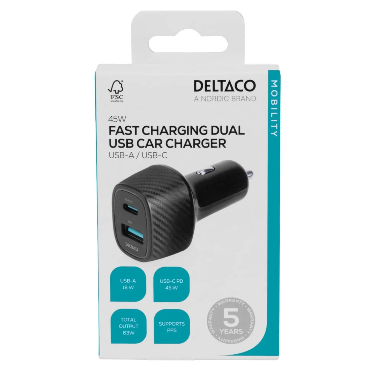 USB Billaddare Deltaco, USB-C PD 45W, USB-A 18W, 63W total