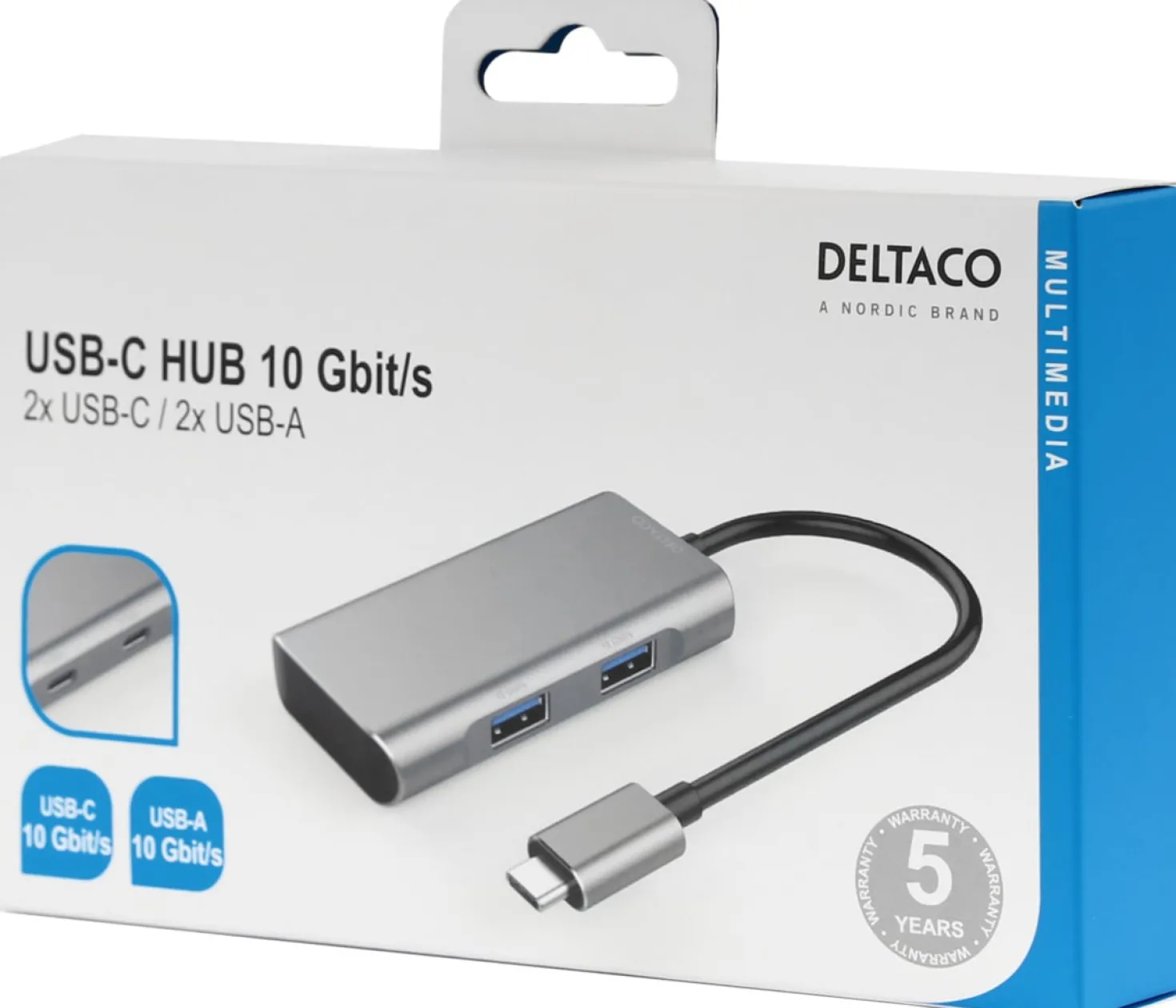 USB-C Hubb Deltaco 4-portars, 10 Gbit/s, rymdgrå