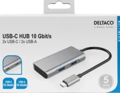 USB-C Hubb Deltaco 4-portars, 10 Gbit/s, rymdgrå
