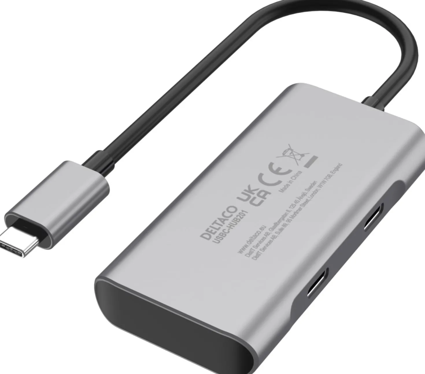USB-C Hubb Deltaco 4-portars, 10 Gbit/s, rymdgrå