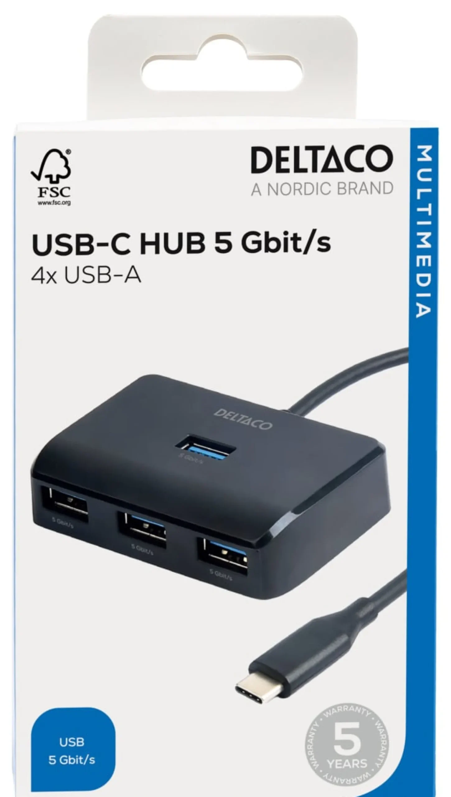 USB-C Hubb Deltaco 4x USB-A, 5 Gbps, svart