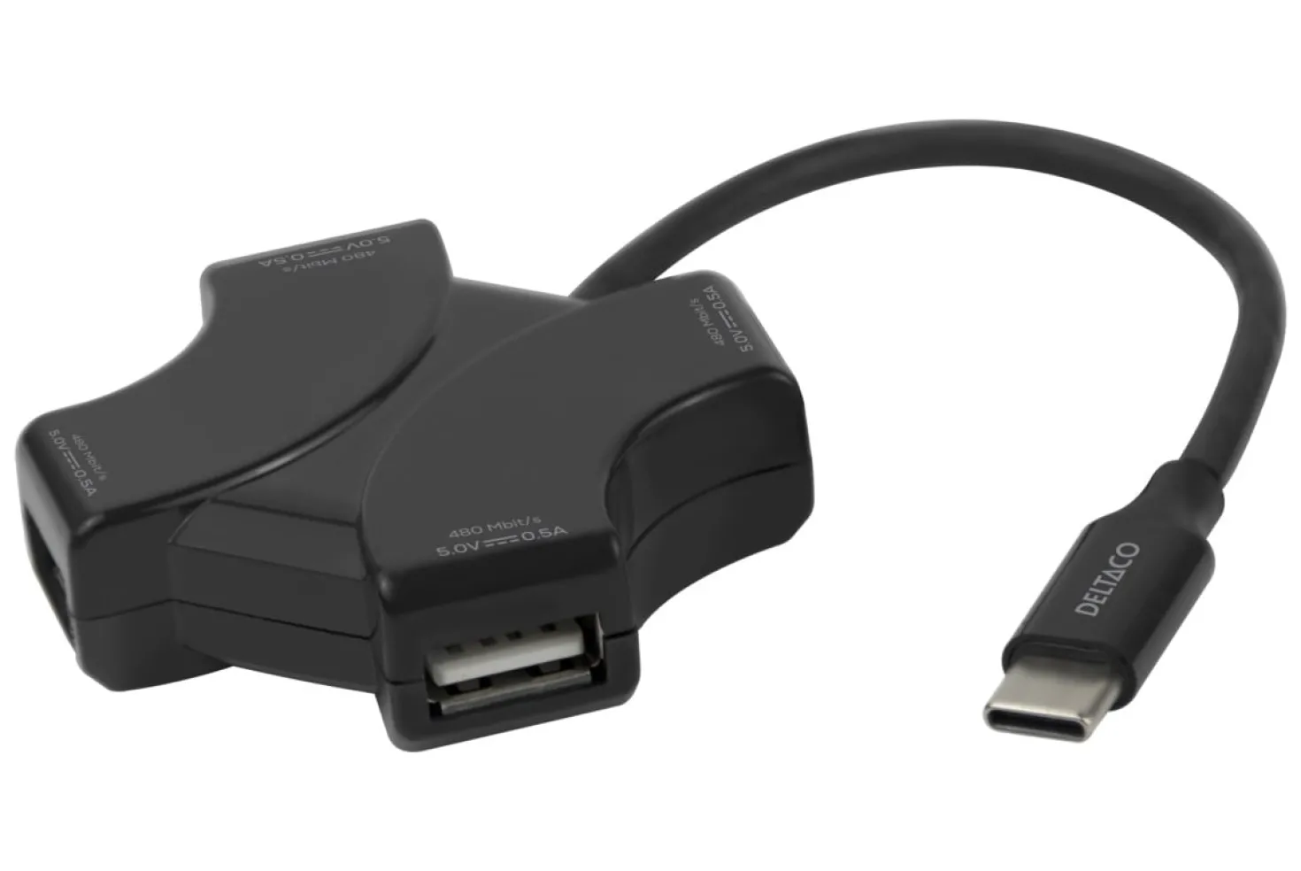USB-C Hubb Deltaco 4x USB-A, 480 Mbps, svart