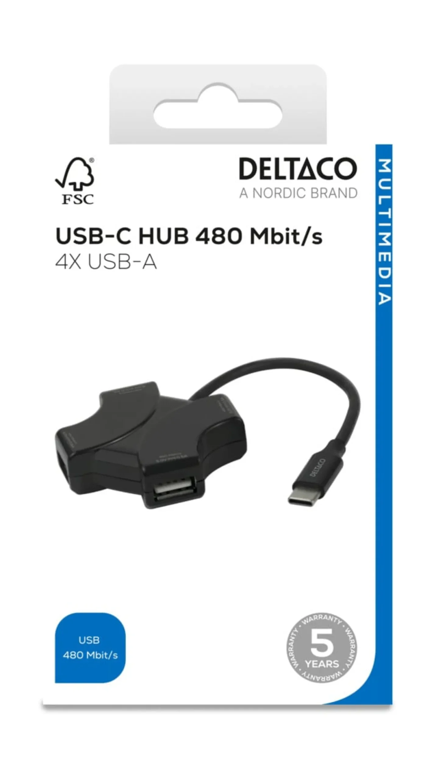 USB-C Hubb Deltaco 4x USB-A, 480 Mbps, svart
