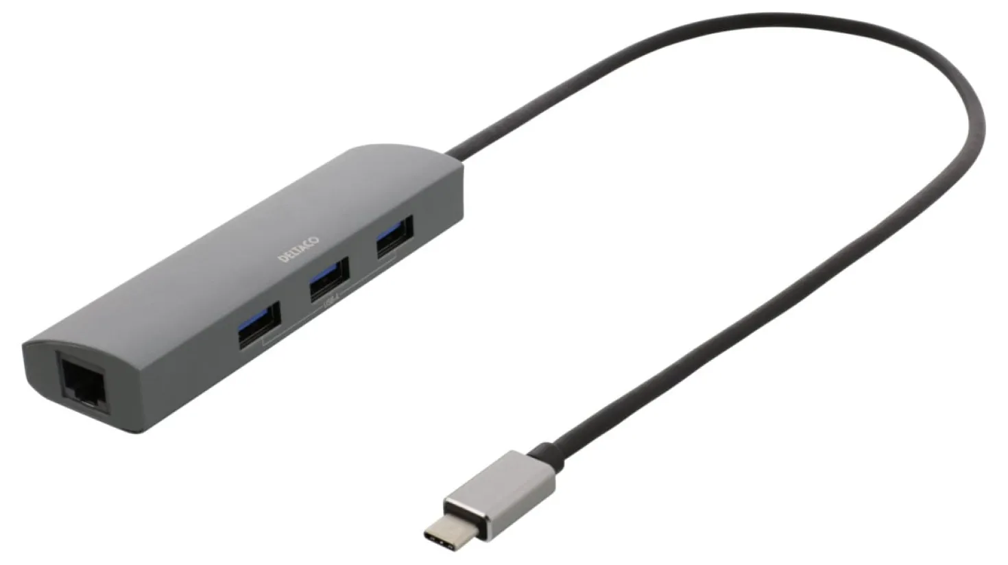 USB-C Hub Deltaco med RJ45 Nätverksadapter, 3x USB-A, 5 Gbit/s