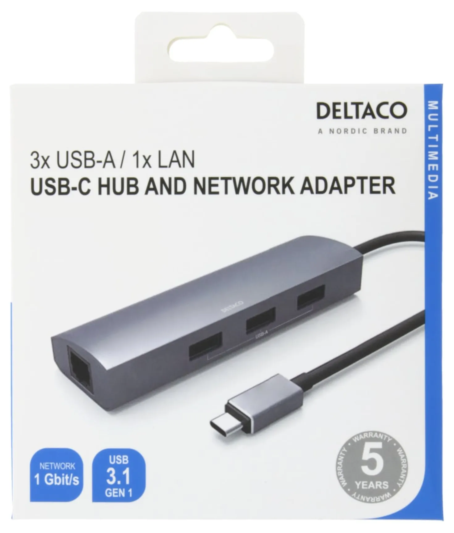 USB-C Hub Deltaco med RJ45 Nätverksadapter, 3x USB-A, 5 Gbit/s