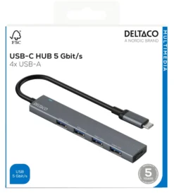 USB-C Hub Deltaco 4-port, 5 Gbps, aluminium, grå