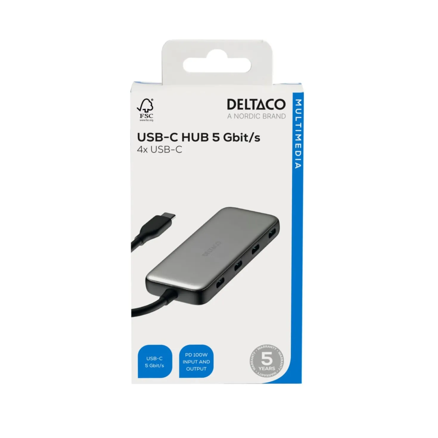 USB-C Hub Deltaco 4-port, 5 Gbps, Power Delivery 100 W
