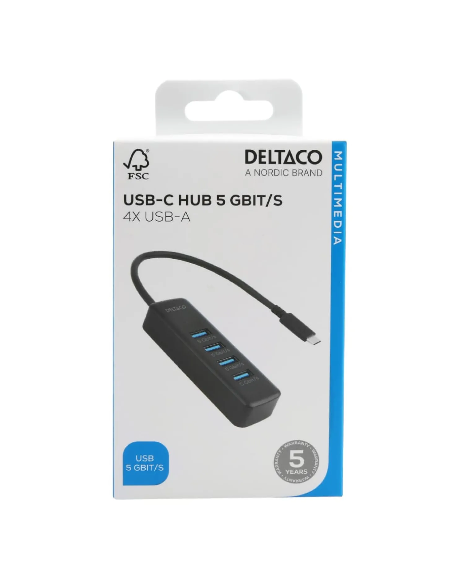 USB-C Hub Deltaco 4x USB-A, 5 Gbps, svart