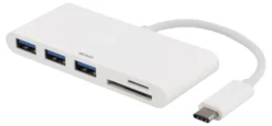 USB-C Hub Deltaco, 3x USB-A, SD/microSD-läsare, 5 Gbps, vit