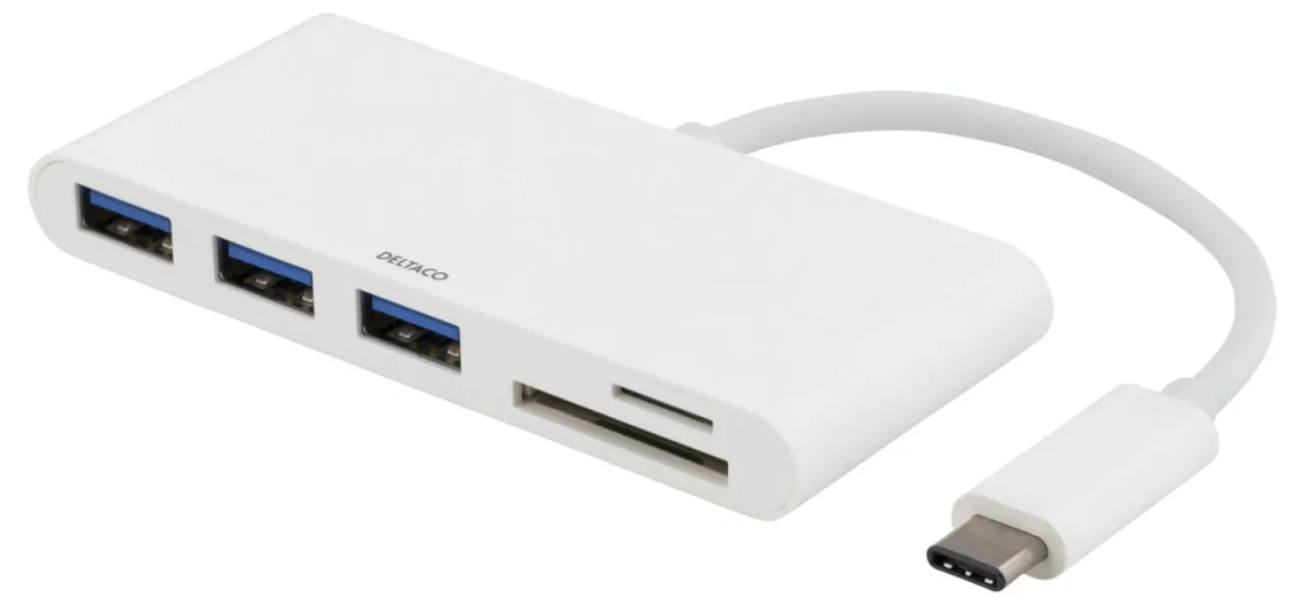USB-C Hub Deltaco, 3x USB-A, SD/microSD-läsare, 5 Gbps, vit