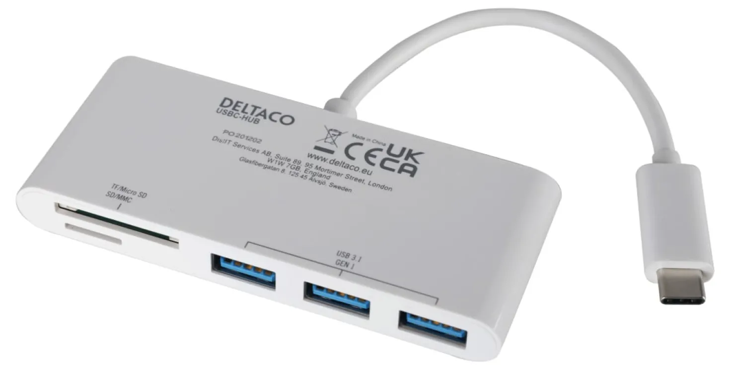USB-C Hub Deltaco, 3x USB-A, SD/microSD-läsare, 5 Gbps, vit