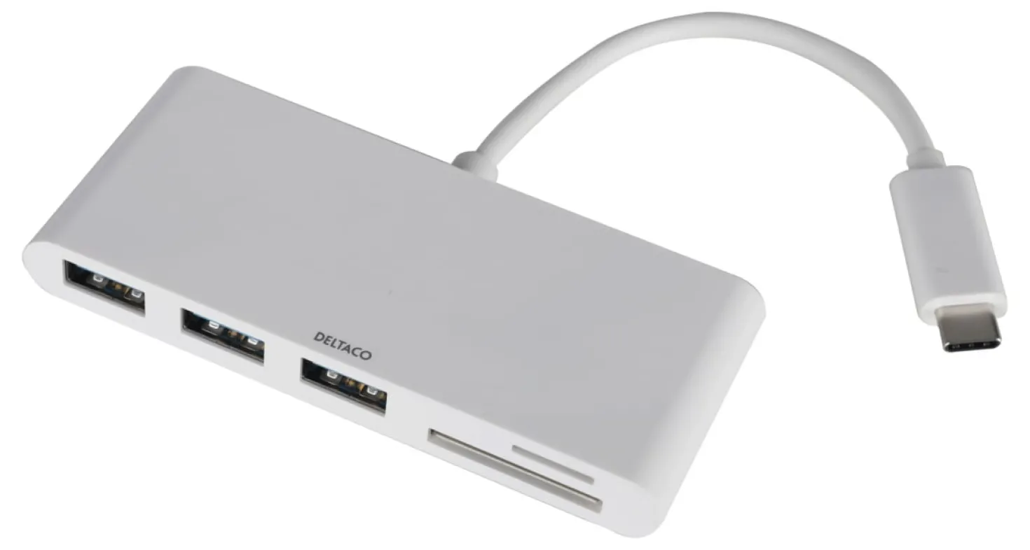 USB-C Hub Deltaco, 3x USB-A, SD/microSD-läsare, 5 Gbps, vit