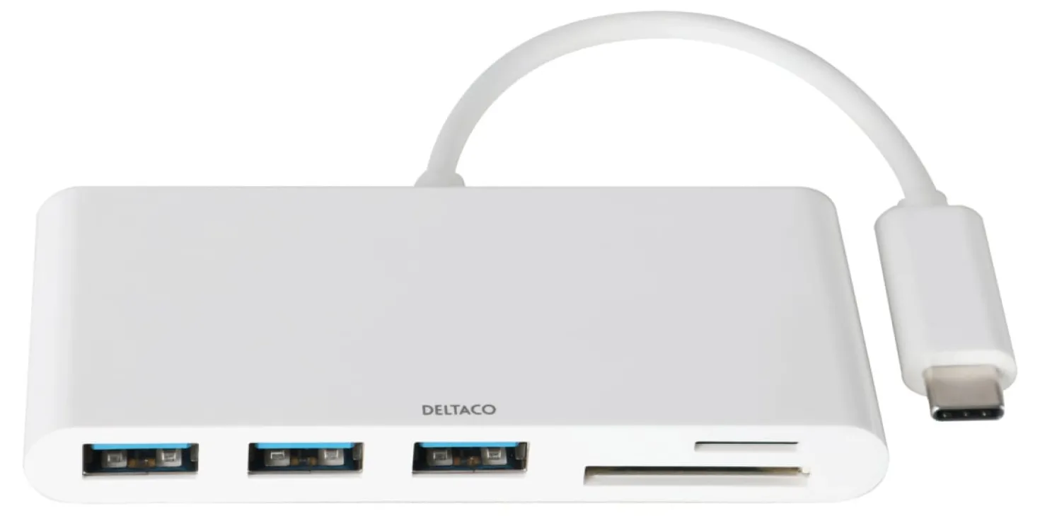 USB-C Hub Deltaco, 3x USB-A, SD/microSD-läsare, 5 Gbps, vit