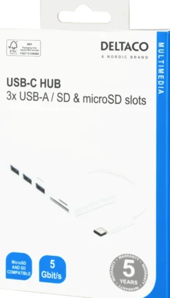 USB-C Hub Deltaco, 3x USB-A, SD/microSD-läsare, 5 Gbps, vit