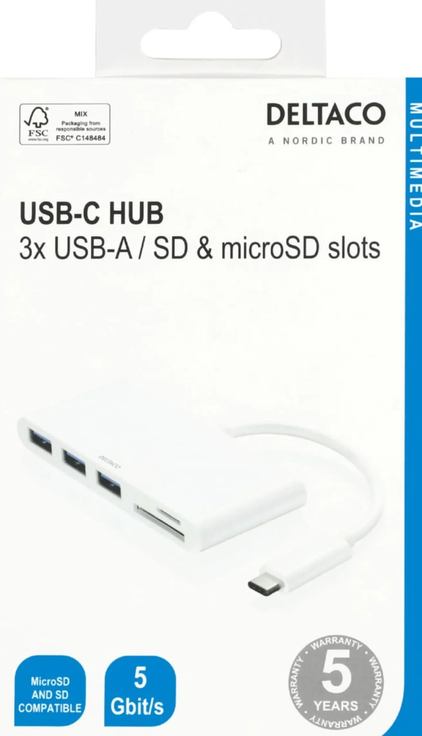 USB-C Hub Deltaco, 3x USB-A, SD/microSD-läsare, 5 Gbps, vit