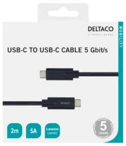 USB-C kabel Deltaco, 2m, 5 Gbit/s, 5A, svart