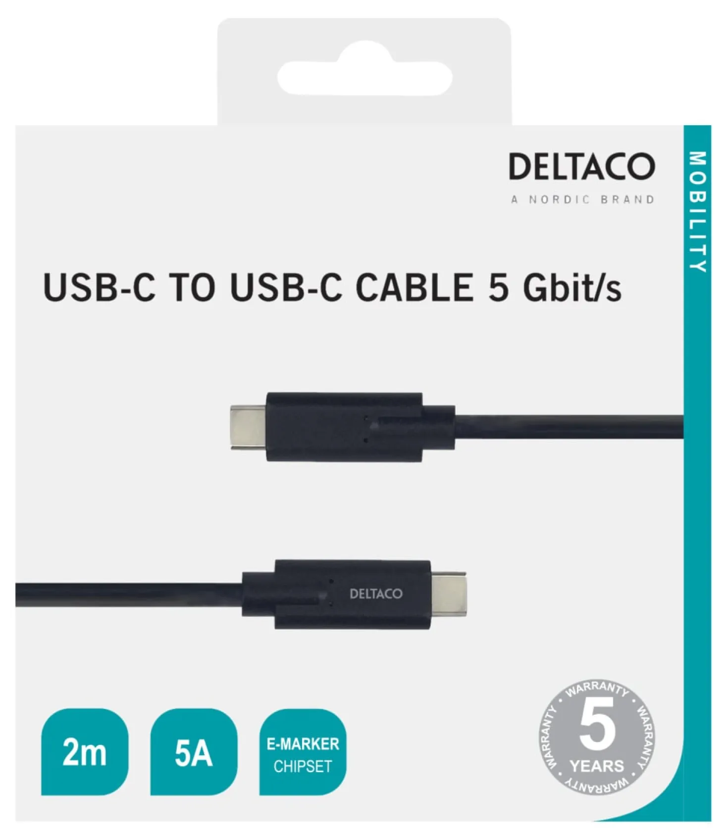 USB-C kabel Deltaco, 2m, 5 Gbit/s, 5A, svart