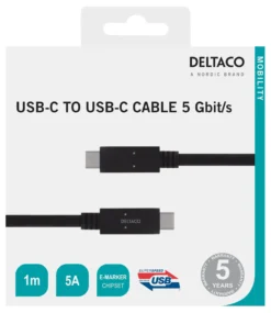 USB-C-kabel Deltaco USB-C till USB-C, svart, 1 m, 5 Gbit/s