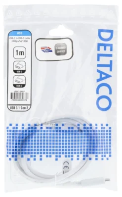 USB-C kabel Deltaco USB 3.1 Gen 2, 10 Gbps, 100W, 1m, vit