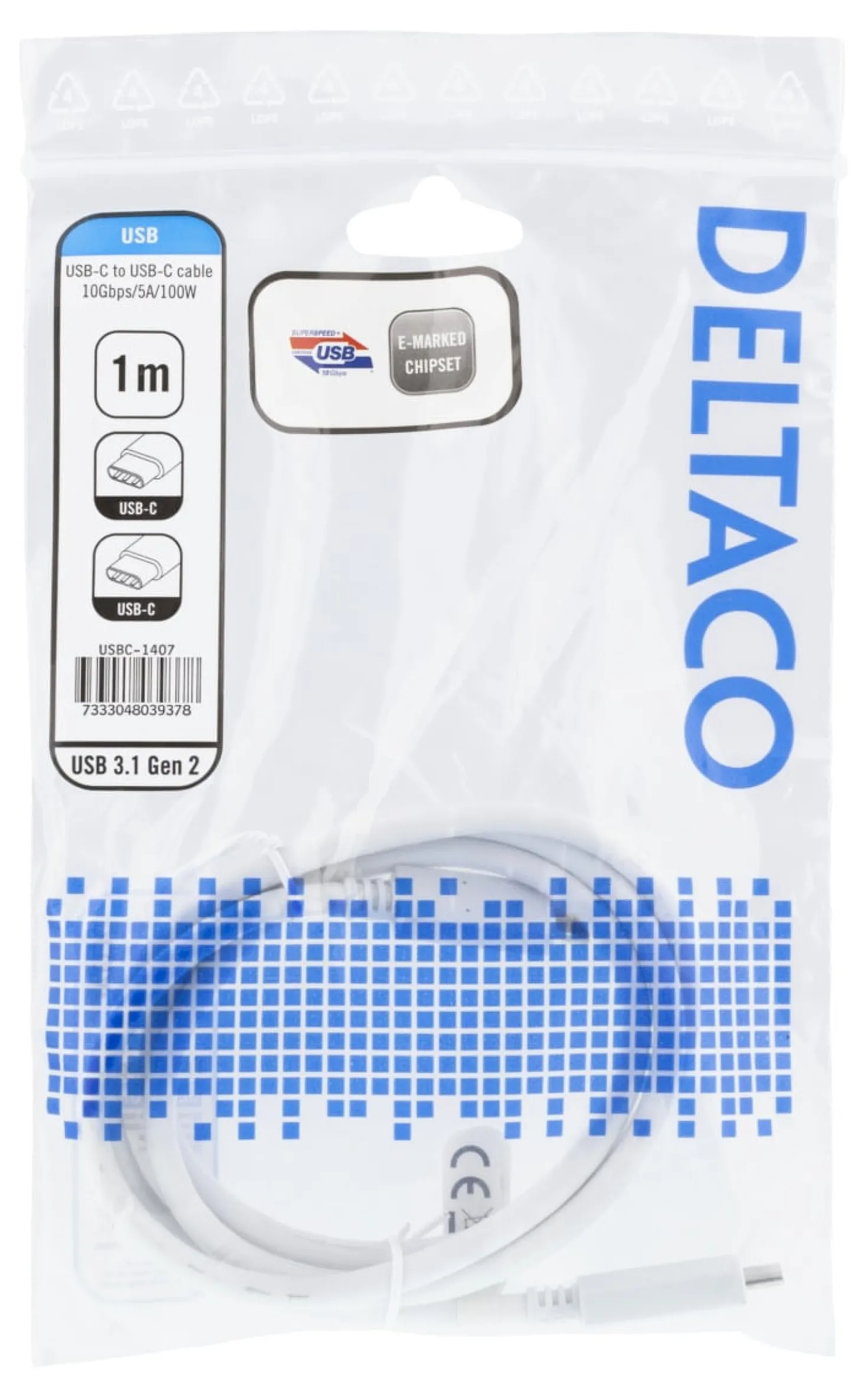 USB-C kabel Deltaco USB 3.1 Gen 2, 10 Gbps, 100W, 1m, vit