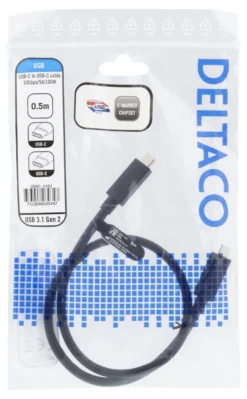 USB-C kabel Deltaco USB 3.1 Gen 2, 10 Gbps, 100W, 0.5m, svart