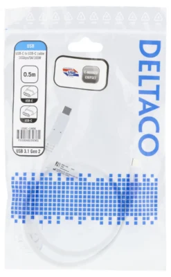 USB-C kabel Deltaco USB 3.1 Gen 2, 10Gbps, 100W, 0.5m, vit
