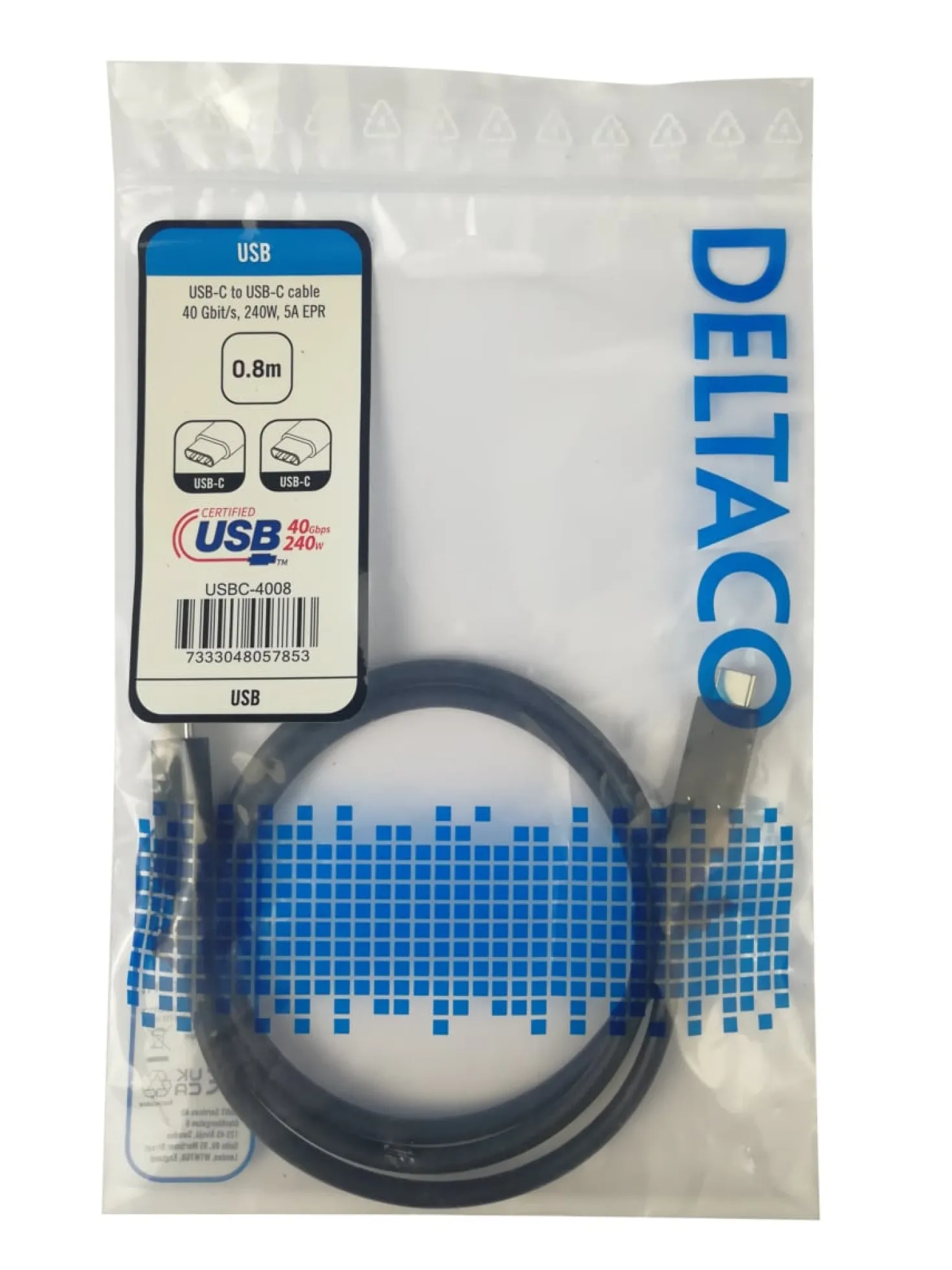 USB-C kabel Deltaco USB4 Gen3, 40 Gbps, 240W, 0,8m svart