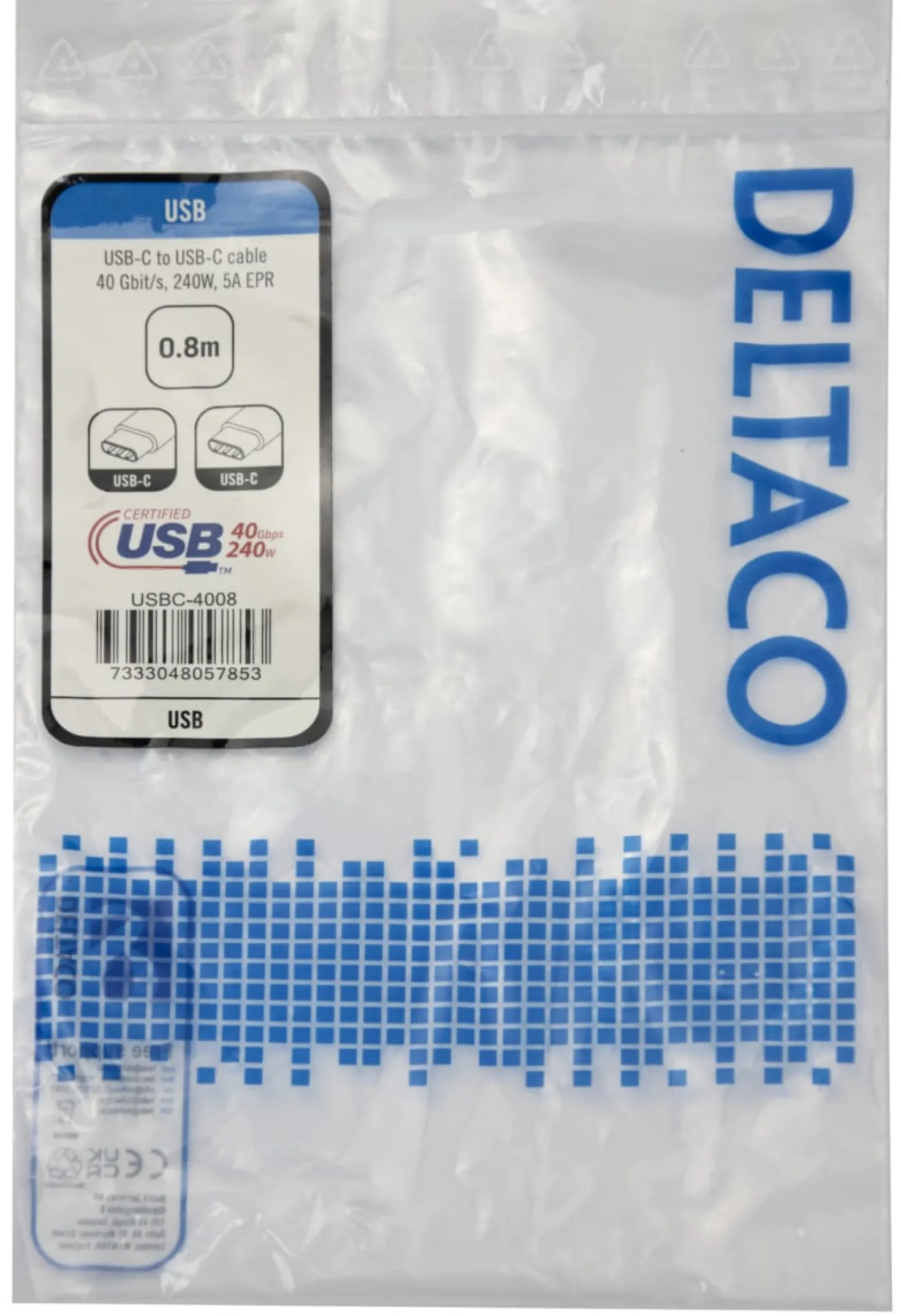 USB-C kabel Deltaco USB4 Gen3, 40 Gbps, 240W, 0,8m svart